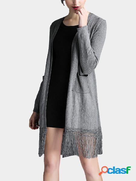 Grey Longline Knitted Cardigan With Tassel Hem