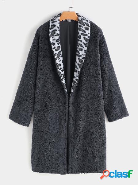 Grey Plain Lapel Collar Long Sleeves Faux Fur Coat