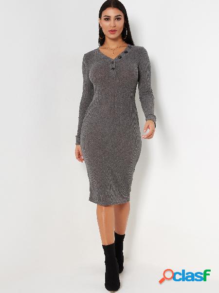 Grey V-neck Button Design Long Sleeves Dress