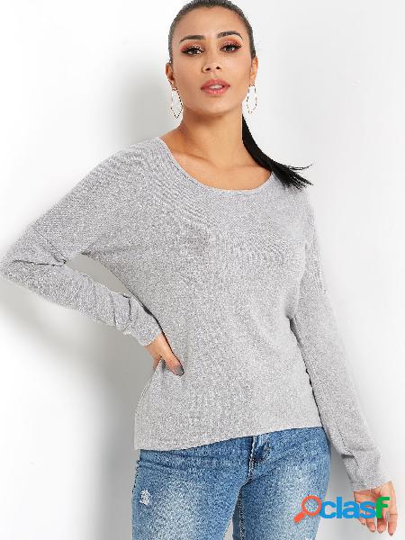 Grey Zip Back Design Round Neck Long Sleeves Curve Hem