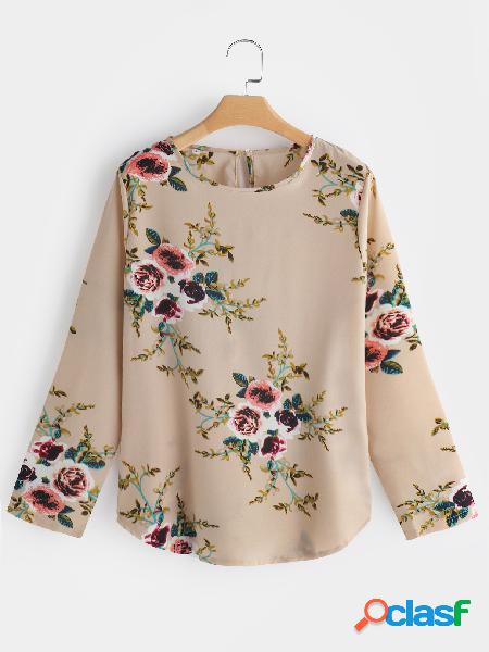 Khaki Button Keyhole Random Floral Print Round Neck Long