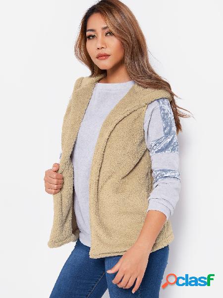 Khaki Hooded Design Sleeveless Faux Fur Coat