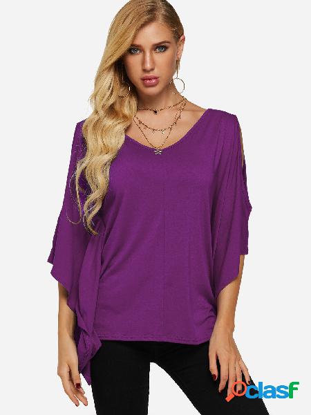 Purple Back Cut Out Cold Shoulder Bat Sleeves Top