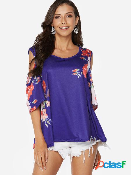 Purple Random Floral Print Cold Shoulder Half Sleeves Casual