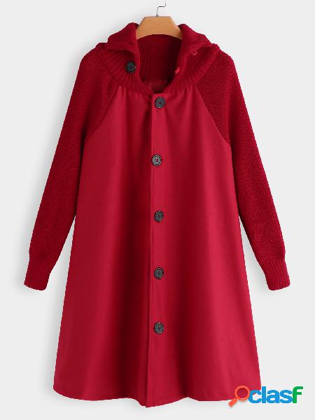 Red Roll Neck Button-down Cable Ribbed Knitted Cape Trech