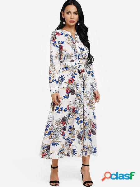 White V-neck Floral Print Self-tie Flared Maxi Dress