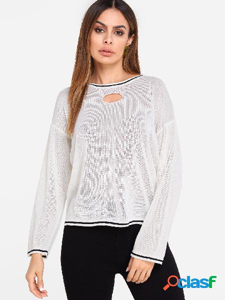 Beige Cut Out Round Neck Long Sleeves Knitted Top