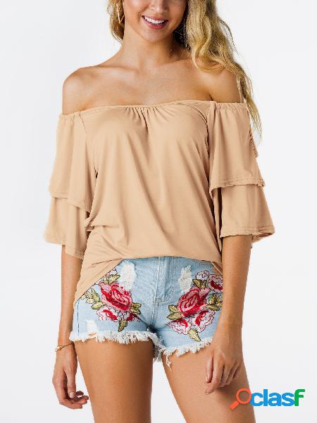 Beige Tiered Design Off The Shoulder Half Sleeves Summer Top