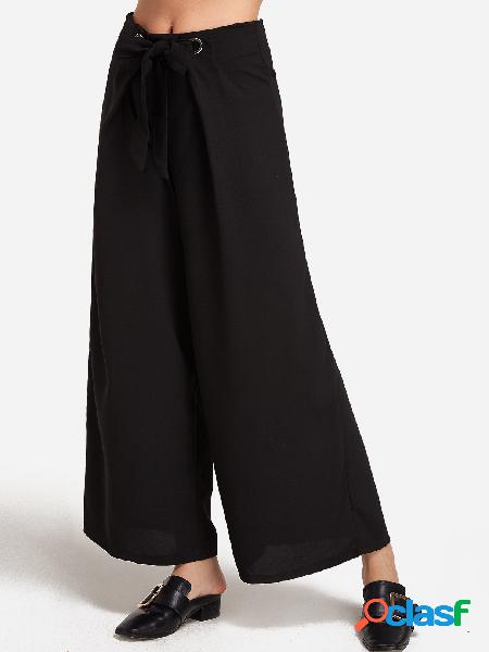 Black Belt Design Middle Waist Wide Leg Pants