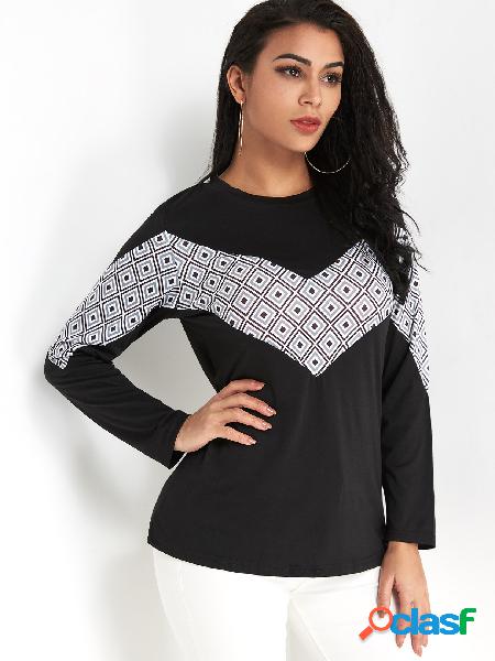 Black Color Block Round Neck Long Sleeves T-shrit