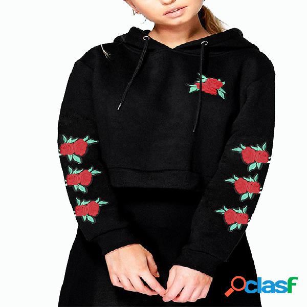Black Embroidered Long Sleeves Crop Hoodie