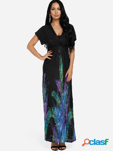 Black Feather Print V-neck Cinched Waist Maxi Dress