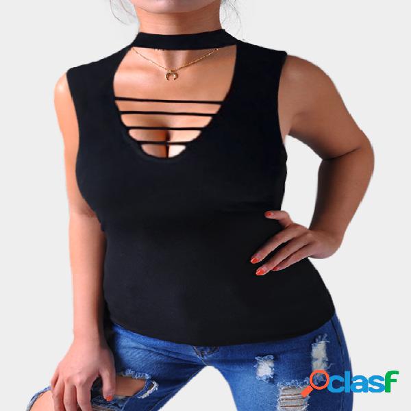 Black Halter Cut Out V-neck Tank Top