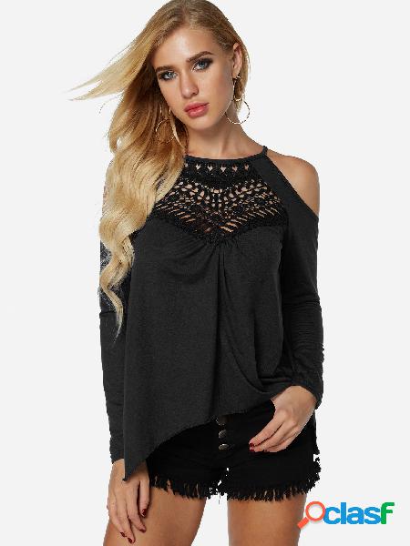 Black Hollow Cold Shoulder Long Sleeves T-shirts