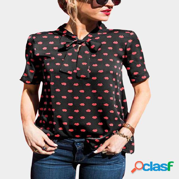 Black Lip Print Bowknot Design Short Sleeves Top