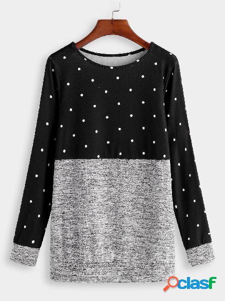 Black Polka Dot Design Crew Neck Long Sleeves Color Block