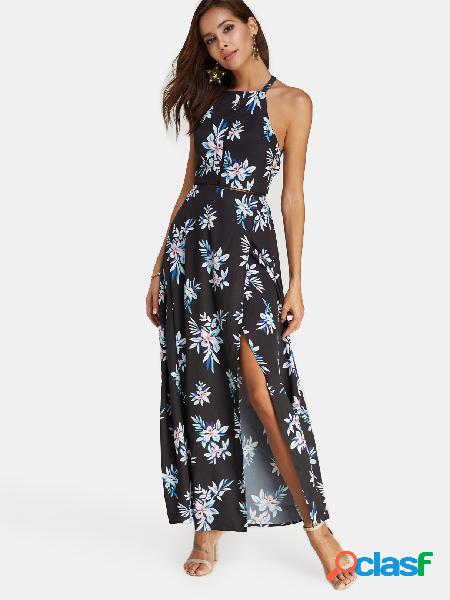 Black Random Floral Print Halter Backless Slit Design Maxi