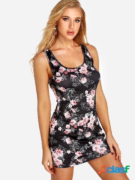 Black Random Floral Print Sleeveless Mini Dress