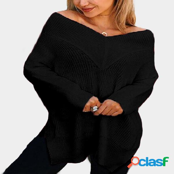 Black V-neck Slit Hem Loose Sweaters