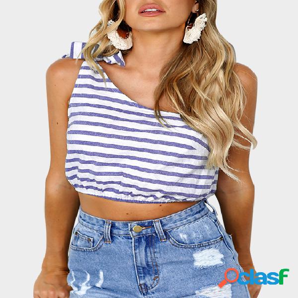 Blue Self-tie Design Stripe One Shoulder Sleeveless Crop Top