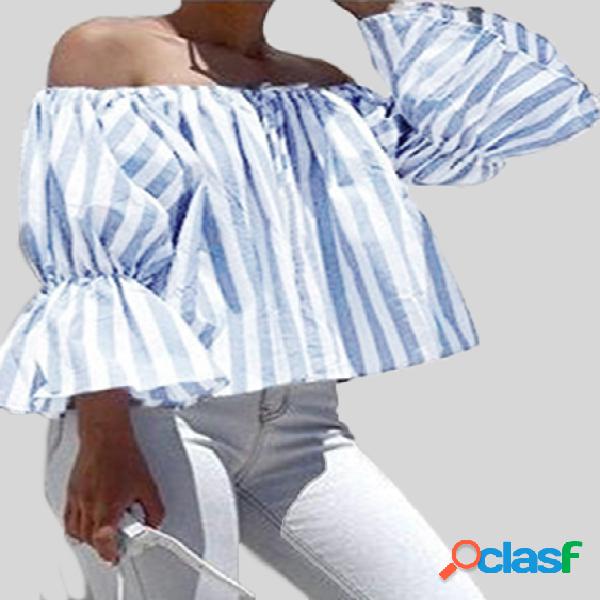 Blue & White Stripe Pattern Off Shoulder Flared Sleeves