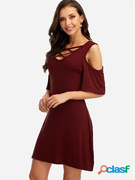 Burgundy Cold Shoulder V-neck Mini Dress