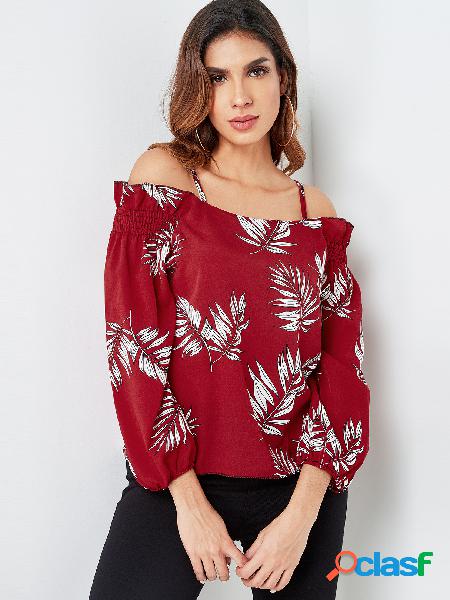 Burgundy Ruffle Trim Random Leaf Print Cold Shoulder Blouse