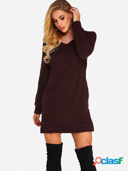 Burgundy Slit Design Plain V-neck Long Sleeves Dress
