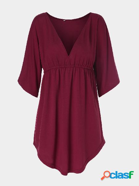 Burgundy V-Neck Bat Sleeves Top