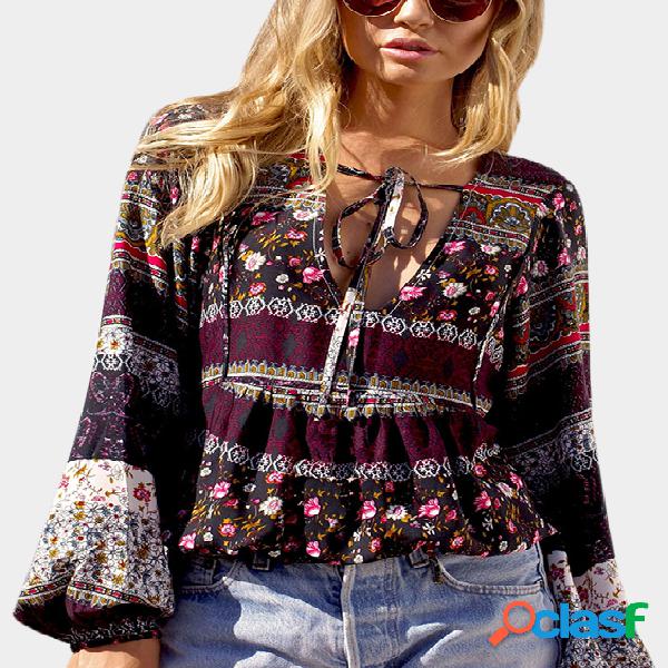 Coffee Boho Style Deep V Neck Long Sleeves Blouse