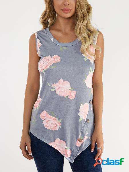 Grey Floral Print Round Neck Button-down Tank Top