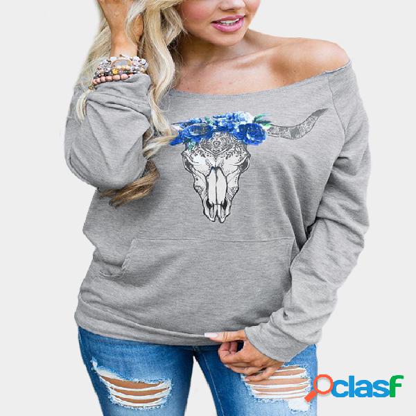 Grey Ngau Tau Pattern Scoop Neck Long Sleeves Sweatshirts