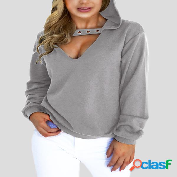 Grey V-neck Long Sleeves Loose Hoodie