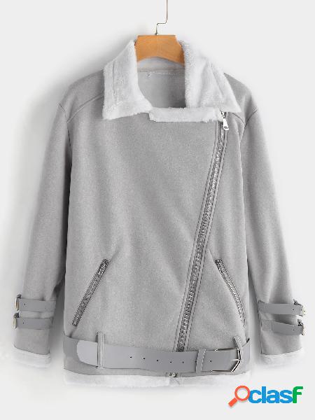 Grey Zip Design Lapel Collar Fluffy lining Coat without Belt