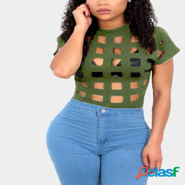 Grid Hollow Design T-shirts in Army Green