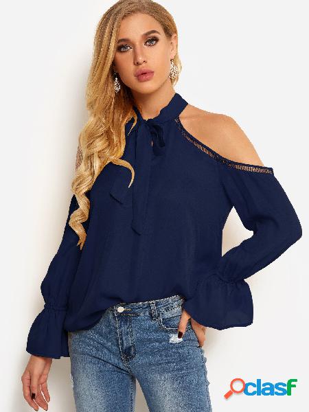 Navy Cold Shoulder Self-tie Design Halter Blouses With Bell