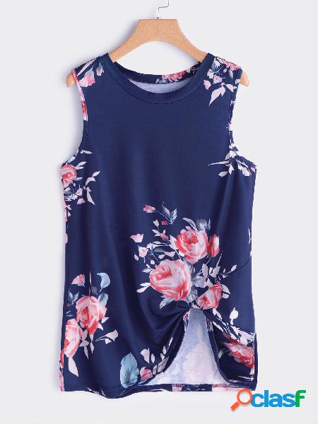 Navy Crossed Front Design Random Floral Print Round Neck