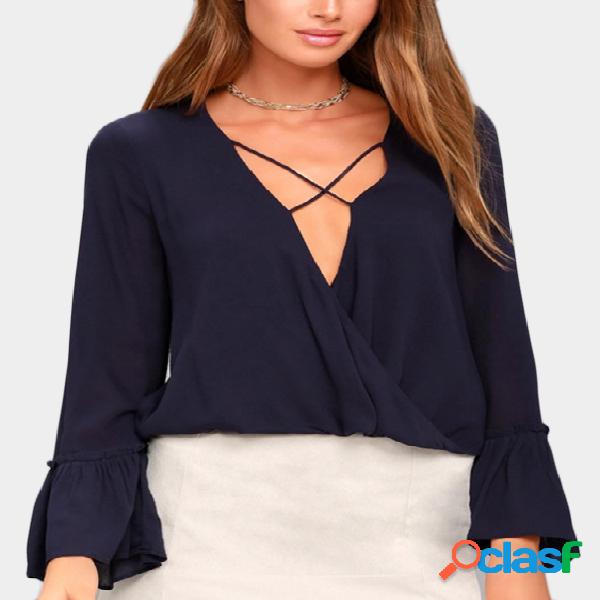 Navy Crossed Front Design V-neck Flared Sleeves Blouse