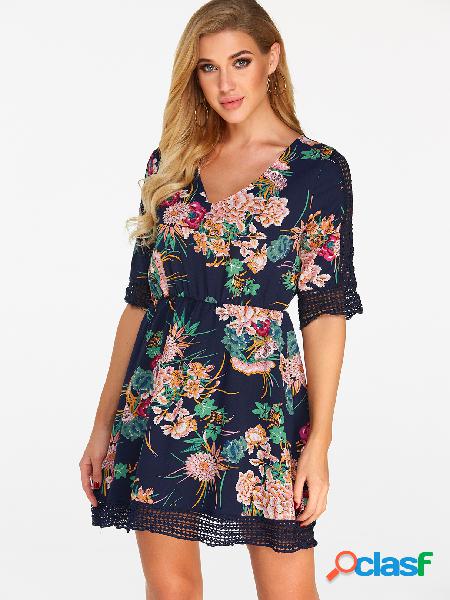 Navy Hollow Design Random Floral Print V-neck Mini Dress