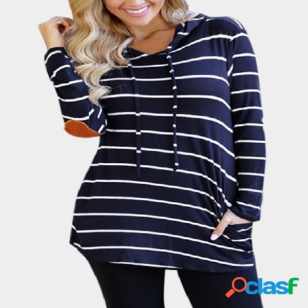 Navy Hooded Design Stripe Pullover Long Sleeves Tee