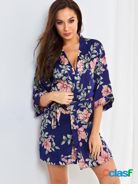 Navy Satin Random Floral Print Robe Pajamas