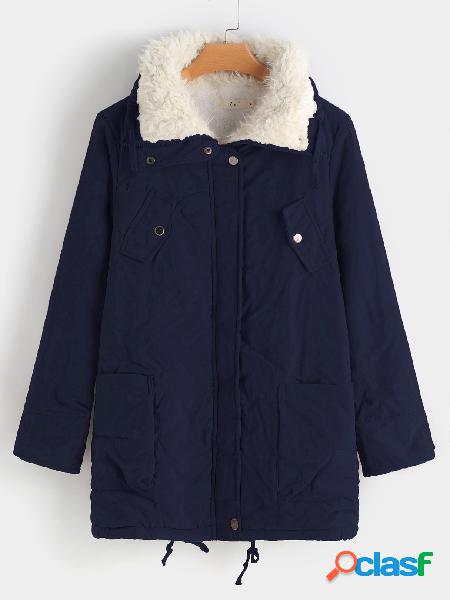 Navy Woolen Lapel Collar Zip Front Closure Trench Coat With