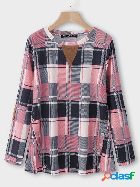 Pink Buttons Grid Long Sleeves Fashion T-shirts
