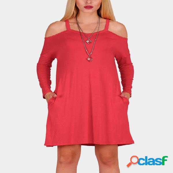 Red Basic Cold Shoulder Mini Dress With Side Pockets