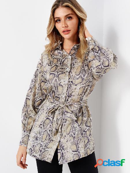 Snake Pattern Belt Design Lapel Collar Long Sleeves Shirt