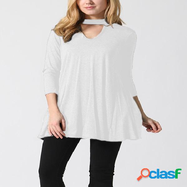 White Two Pockets V-neck Long Sleeves Mini Dress