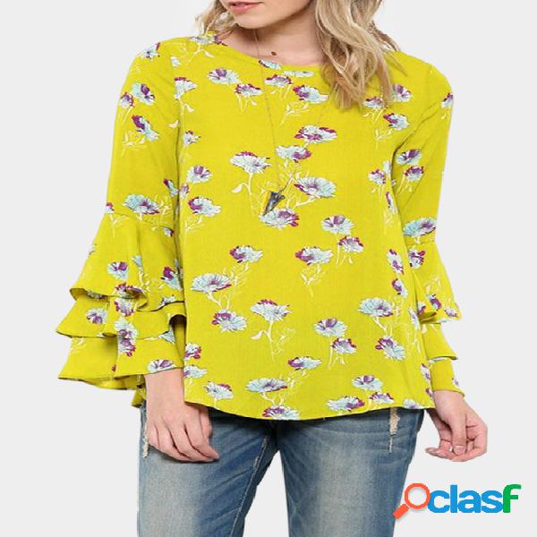 Yellow Round Neck Flared Sleeves Blouse With Random Floral