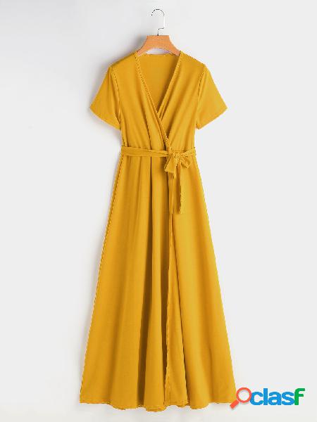 Yellow Self-tie Design V-neck Short Sleeves Dress