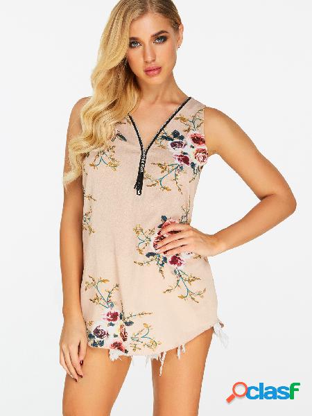 Beige Zip Design Floral Print V-neck Vest