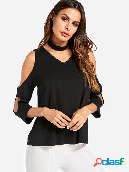 Black Cut Out Cold Shoulder V-neck Top